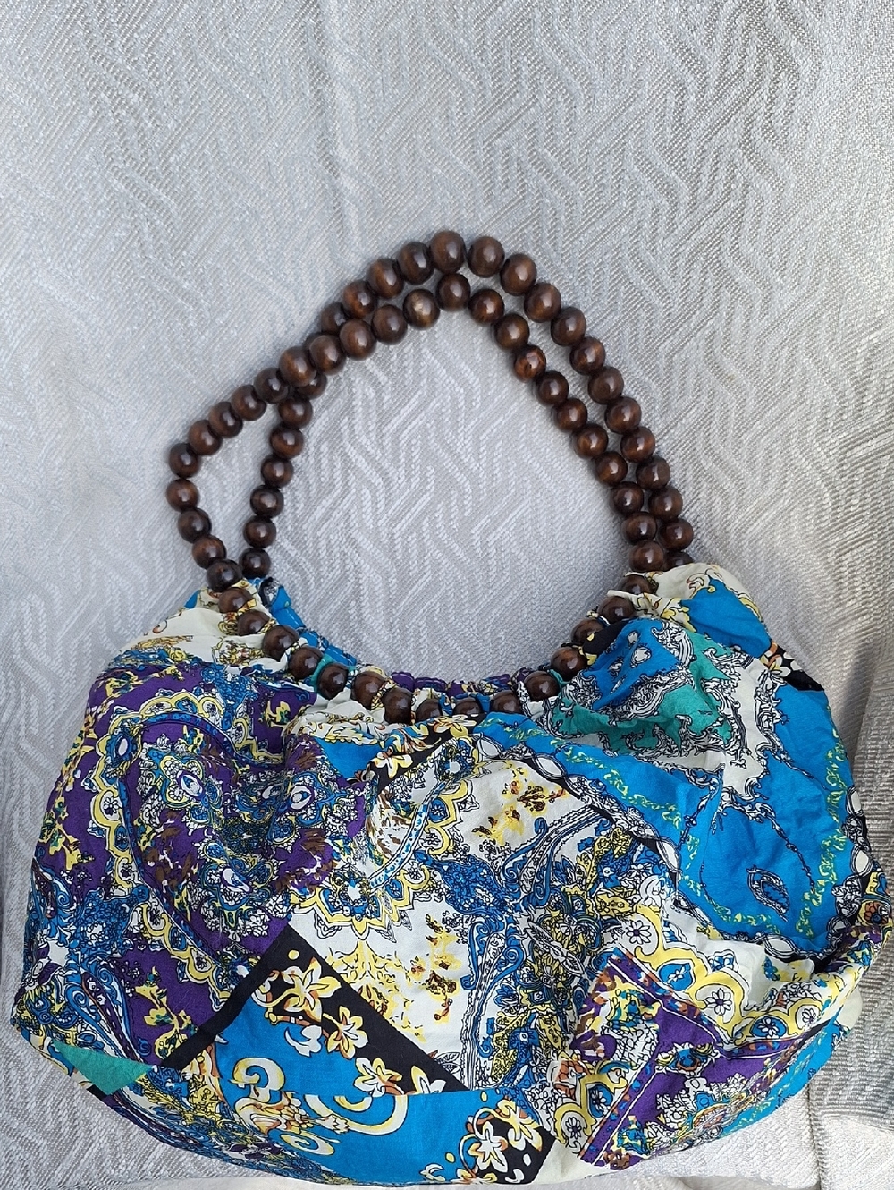 HAND CRAFTED Bohemian Patch work Beaded Handle HAND Bag - Blue & Purple - Picture 7 of 14